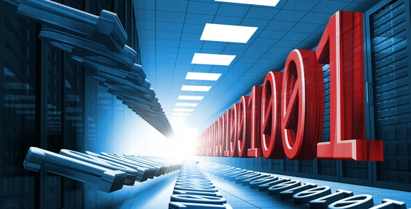 Blue and red binary code in data center hall leading to light — Stock Photo, Image