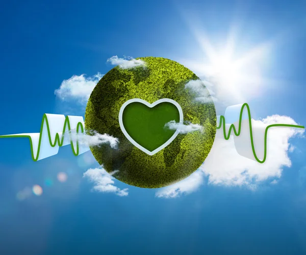 Green and white waveform with green earth and heart shape — Stockfoto