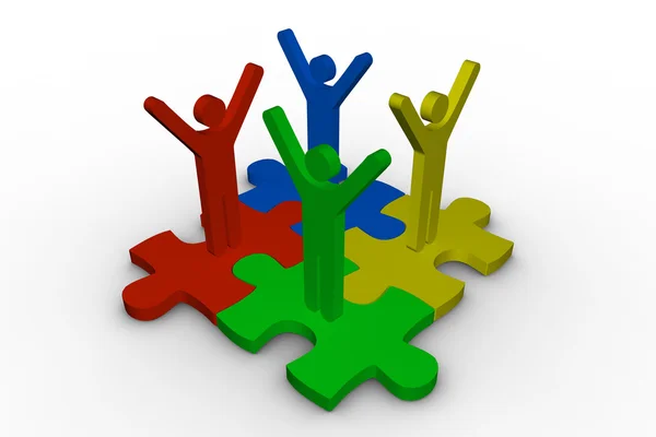 Group of meshed jigsaw pieces with colorful human representation — Stock Photo, Image