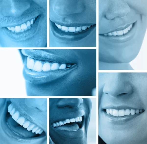 Colagem de sorrisos brancos em tom azul — Fotografia de Stock