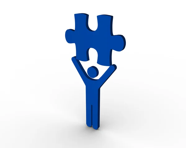 Blue human figure brandishing jigsaw piece — Stock Photo, Image