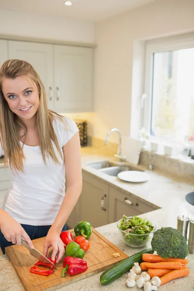 Woman cutting mixed peppers — Stock Photo, Image