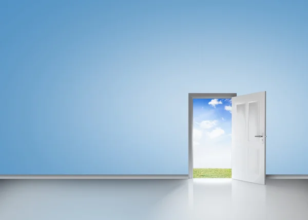 Door opening to reveal blue sky and meadow — Stock Photo, Image