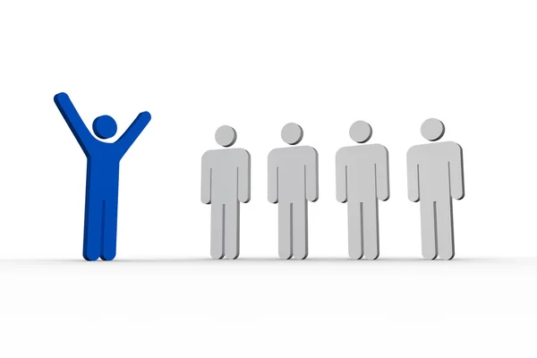 Blue human form raising arms in front of white other forms — Stock Photo, Image
