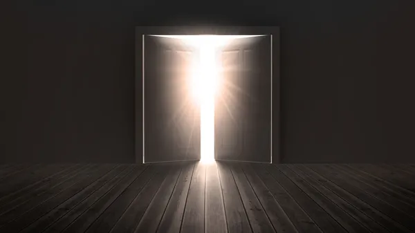Doors opening to show a bright light — Stock Photo, Image