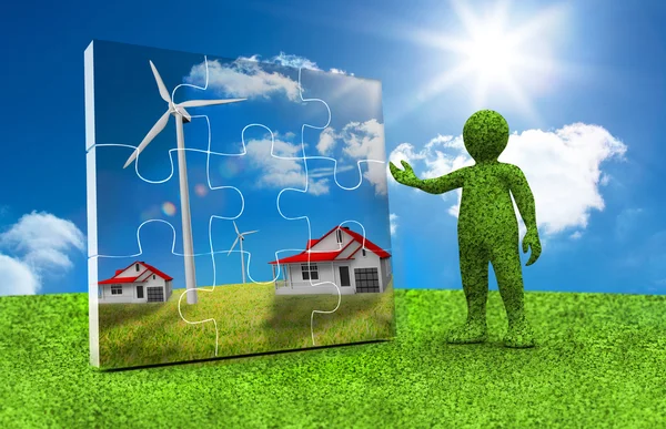 Groene teken presenteren een puzzel met huizen en windturbine binnen — Stockfoto