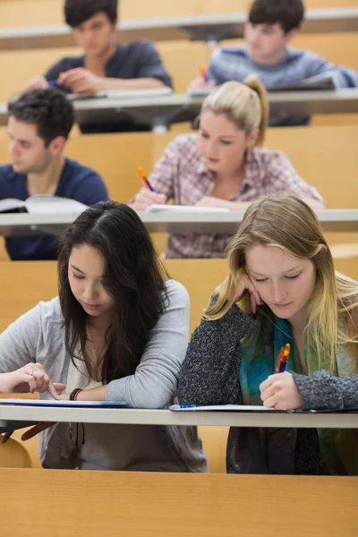 Studenten leren in een collegezaal met een meisje met behulp van tablet pc — Stockfoto