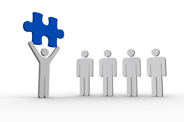 Human figure holding blue jigsaw piece next to line of human forms — Stock Photo, Image