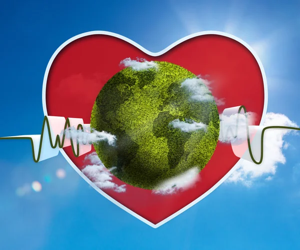 Green and white waveform with green earth and red heart — Stock Photo, Image