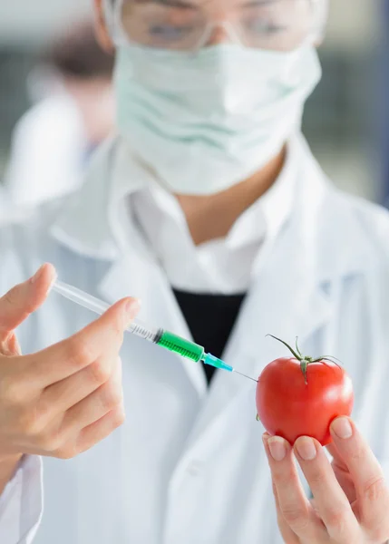 Woman injecting a tomato — Stock Photo, Image