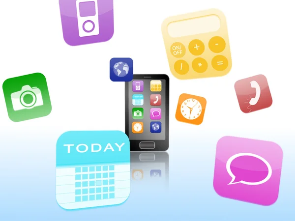 Smartphone con logotipos de aplicaciones flotando alrededor — Foto de Stock