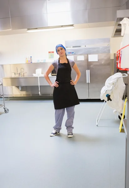 Mujer de limpieza de pie en la cocina —  Fotos de Stock