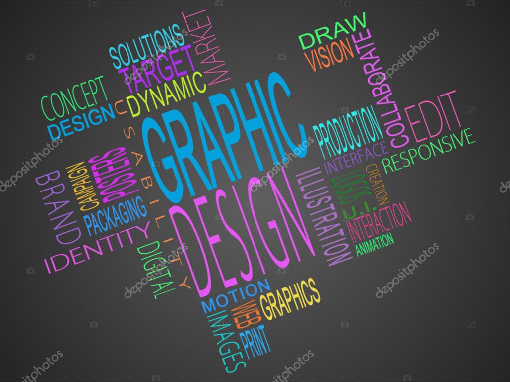 Montage of graphic design terms together on grey background