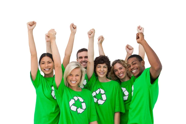 Group of smiling activists raising arms — Stock Photo, Image