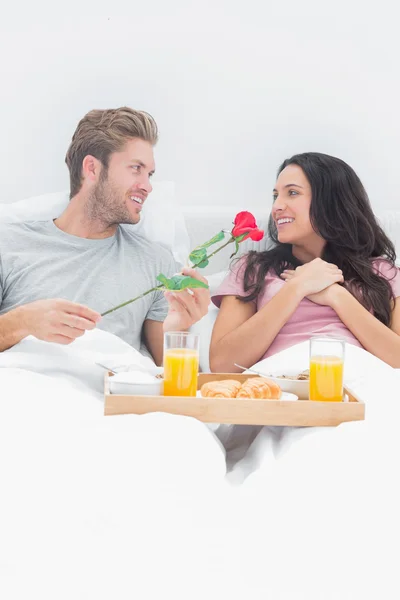 Bonito homem dando uma rosa para sua esposa — Fotografia de Stock