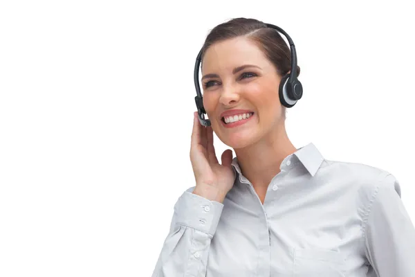 Rindo agente de call center usando fone de ouvido — Fotografia de Stock