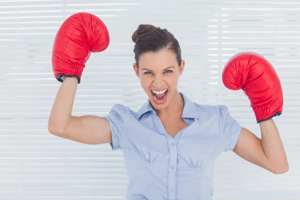 Businesswoman in boxing gloves cheering — Stock Photo, Image