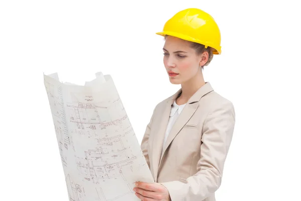 Pretty architect examining construction plan — Stock Photo, Image