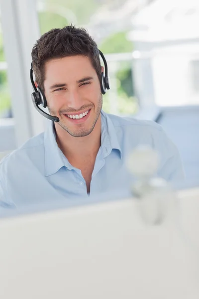 Cheerful designer having a video chat in his office — Stock Photo, Image