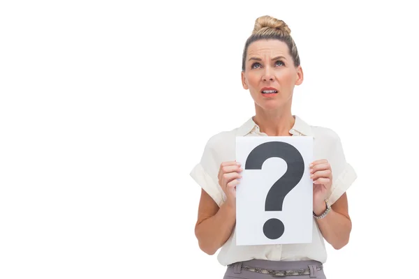 Confused businesswoman with question mark — Stock Photo, Image