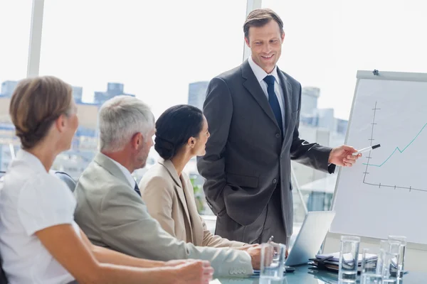 Empresário sorridente apontando para quadro branco durante uma reunião — Fotografia de Stock