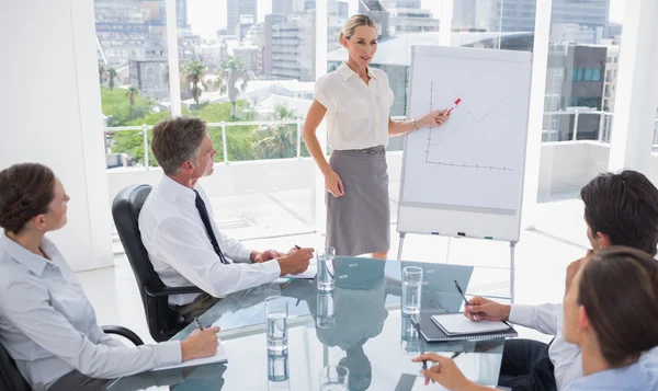 Blonde businesswoman pointing at a growing chart — Stock Photo, Image