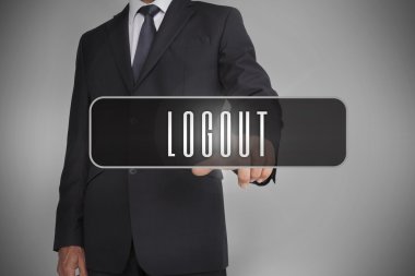 Businessman selecting label with logout written on it clipart