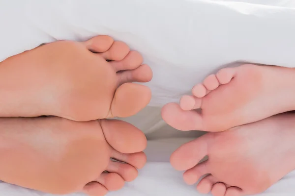 Füße von Liebhabern unter der Decke — Stockfoto