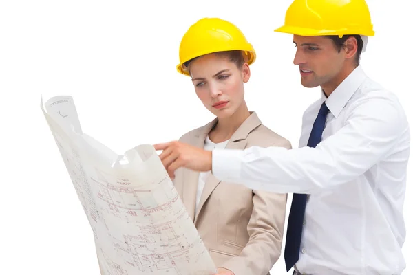 Serious architects looking at construction plan — Stock Photo, Image