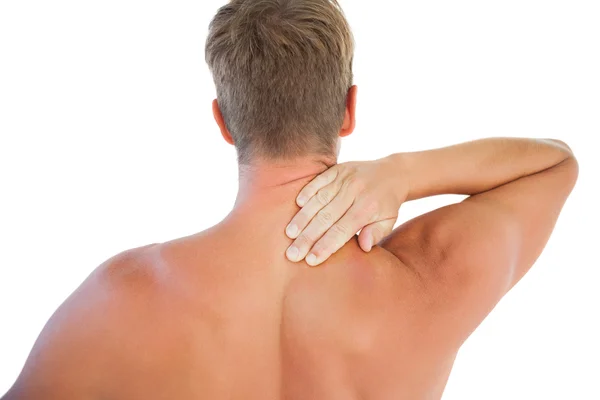 Homem musculado com uma dor no pescoço — Fotografia de Stock