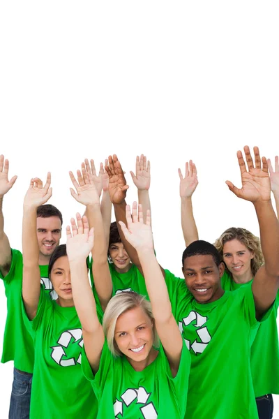 Cheerful group of environmental activists raising arms — Stock Photo, Image