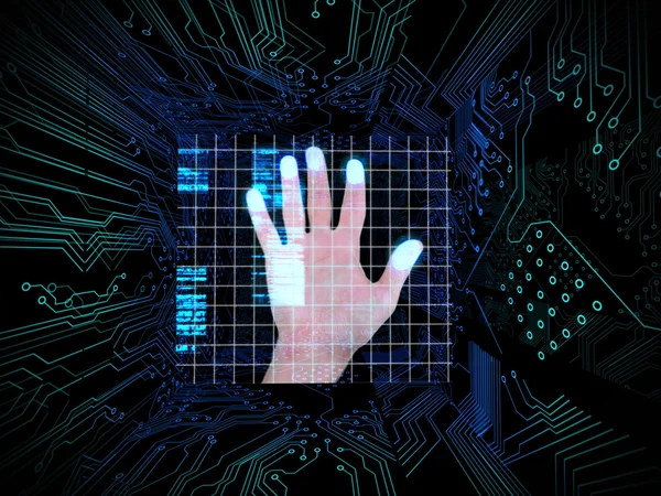 Palm print in the middle of circuit board — Stock Photo, Image