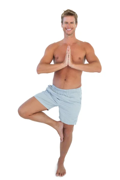 Cheerful man doing the tree pose — Stock Photo, Image