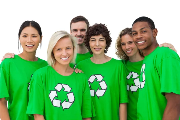 Group of smiling activists wearing green shirt with recycling sy — Stock Photo, Image
