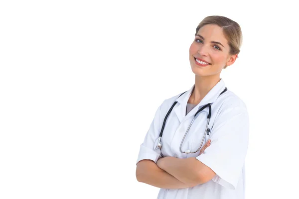 Lachende verpleegster met stethoscoop — Stockfoto