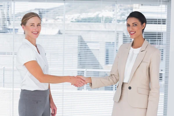 Two cheerful partners shaking hands — Stock Photo, Image