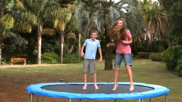 Siblings jumping on a trampoline — Stock Video