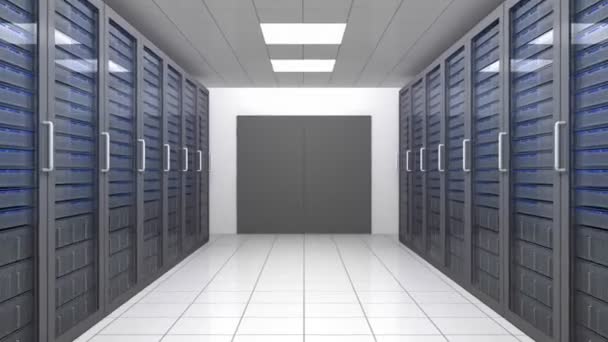 Animatie van een reis door datacenter met servers — Stockvideo