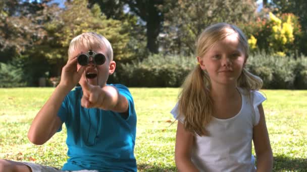 Hermano con prismáticos mostrando algo a su hermana — Vídeo de stock