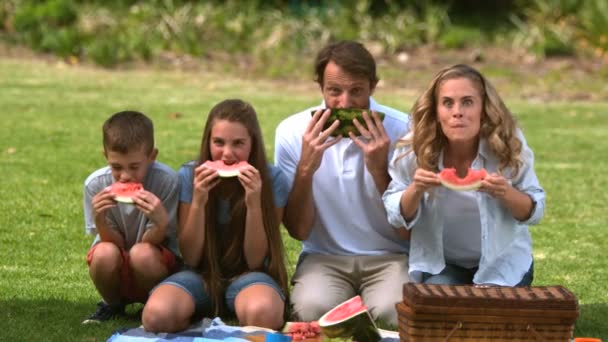 Lyckliga familjen äta en vattenmelon samtidigt ha en picknick — Stockvideo