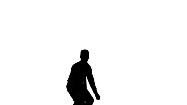 Silhouette des Mannes springt und gibt Daumen nach oben auf weißem Hintergrund — Stockvideo