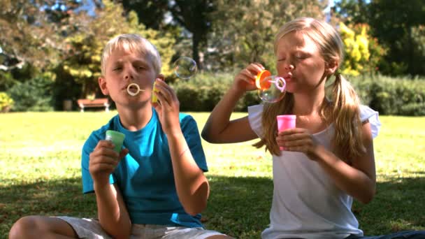 Frères et sœurs qui s'amusent avec des bulles — Video