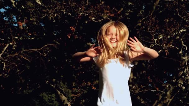 Cheerful girl jumping on a trampoline — Stock Video