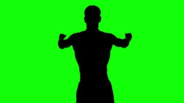 Silhouet van een man die zich uitstrekt wapens op groen scherm — Stockvideo