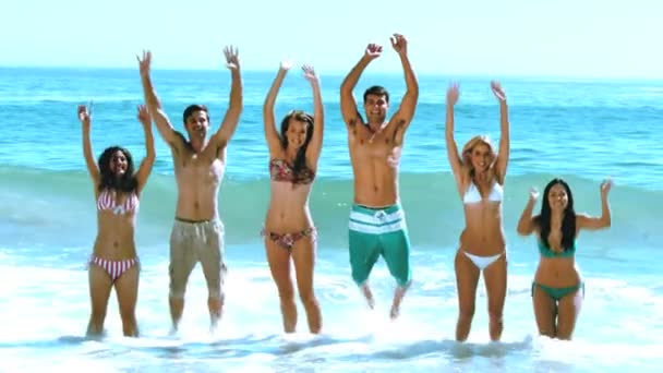 Счастливые друзья прыгают в воду — стоковое видео