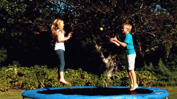 Весёлые братья и сёстры веселятся с мячом на батуте — стоковое видео