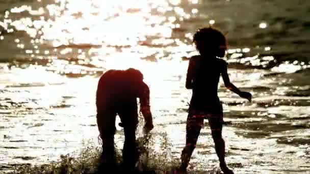 Amigos corriendo por el mar y salpicando — Vídeo de stock