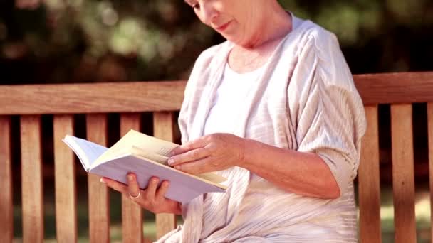 Mature woman reading a book on a bench — Stock Video