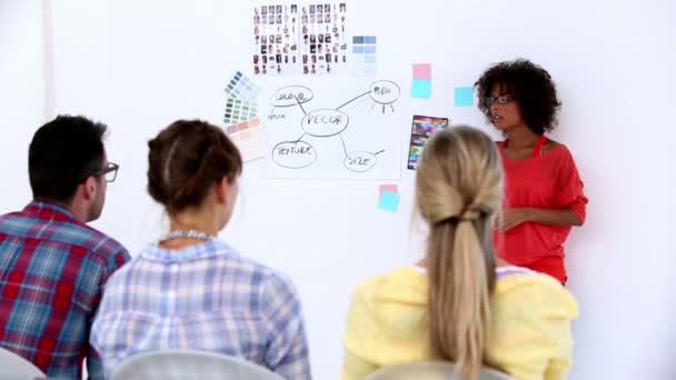Női designer mutatva egy tervet a falon — Stock videók