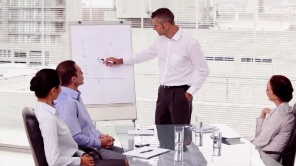 Un hombre de negocios sonriente apuntando a un gráfico creciente — Vídeos de Stock